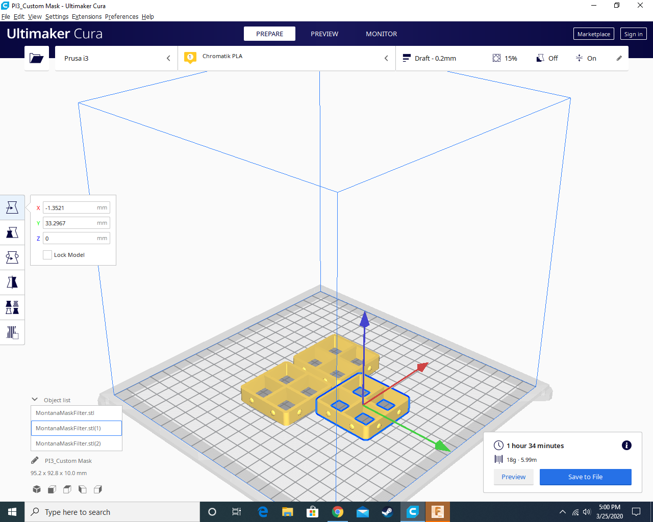 screenshot of cura ultimaker application with filters loaded