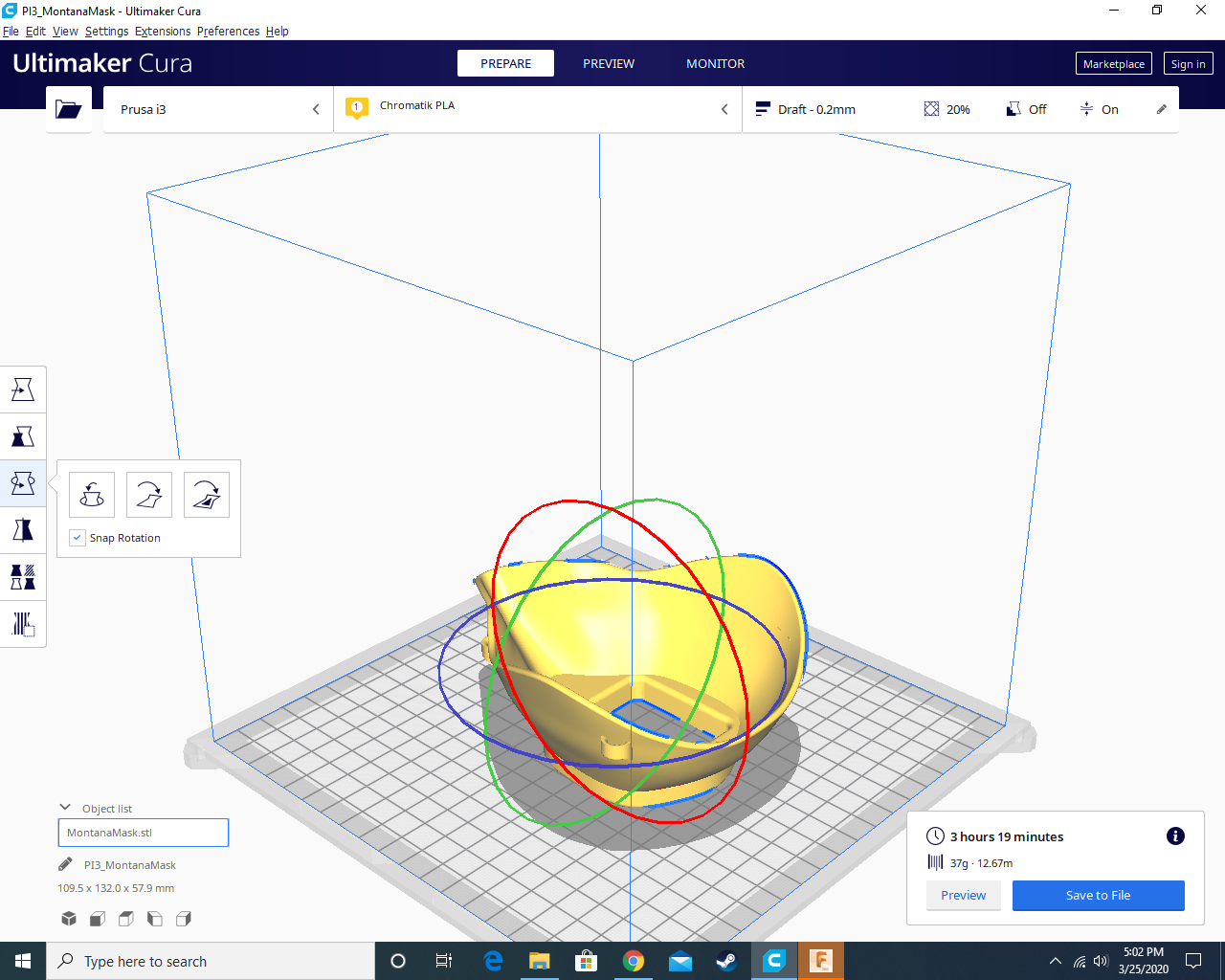 screenshot of cura application with mask loaded