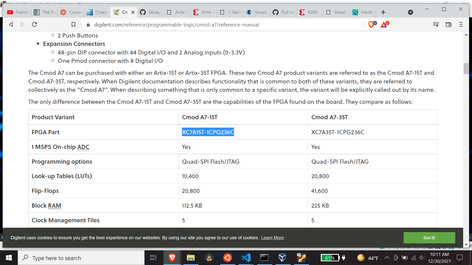 a screen shot of the Digilent CMod-A7 datasheet showing the FPGA part numbers