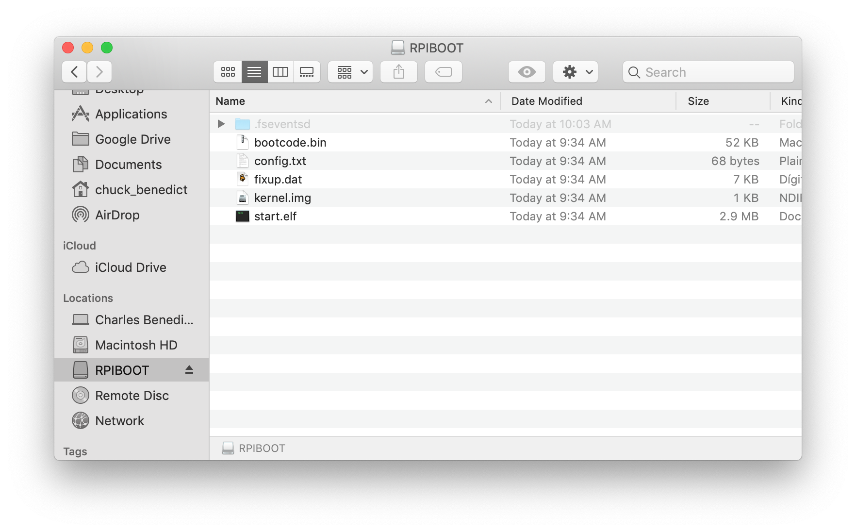 a screen shot of the Finder showing a list of files to boot the Raspberry Pi