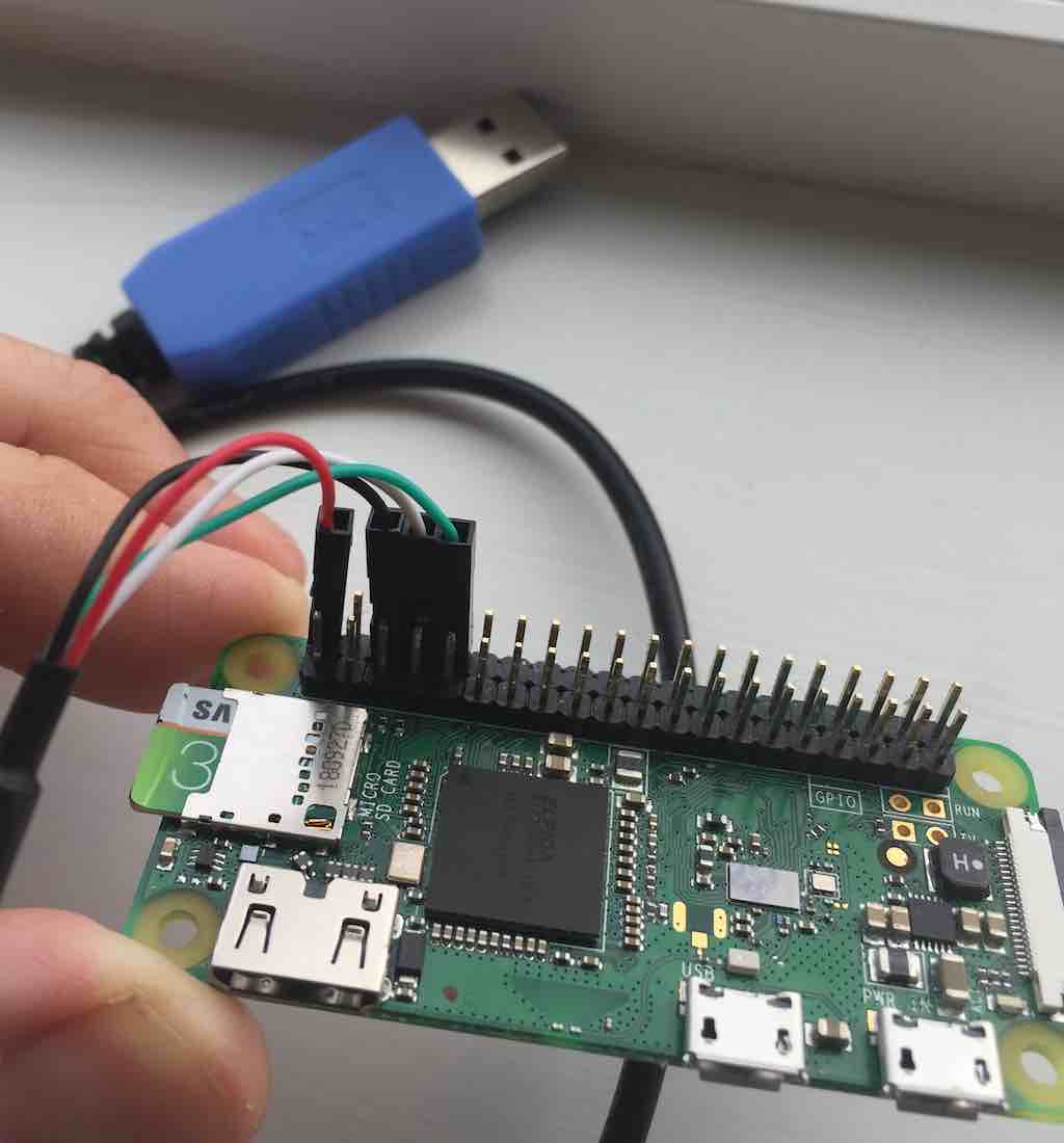 a screen shot of the Adafruit serial cable connecting to the Raspberry Pi Zero