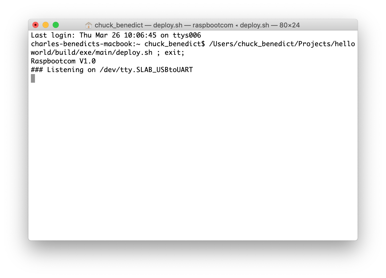 a screen shot of the Mac serial bootloader console window opening after successful deployment