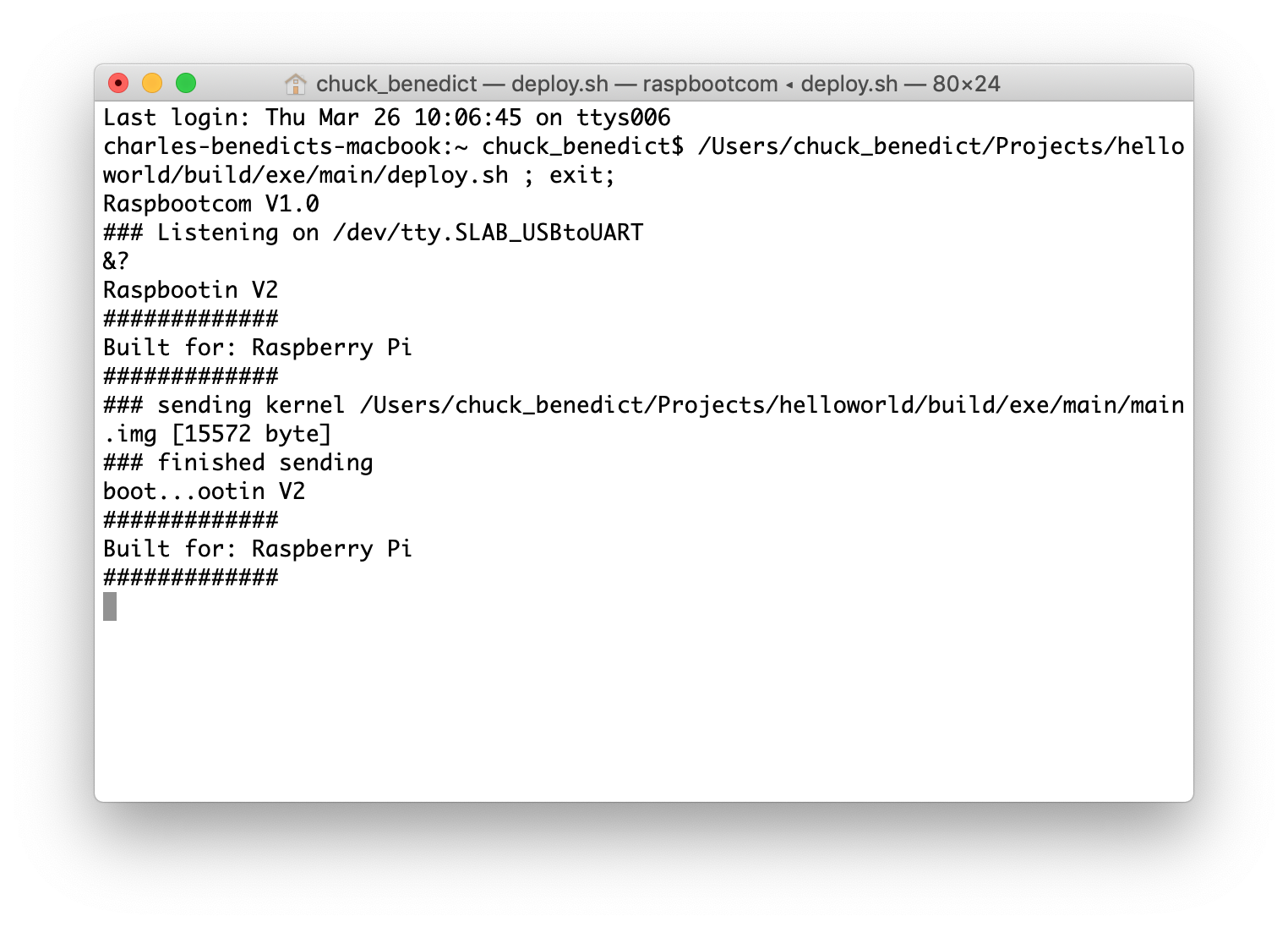 a screen shot of the Mac serial bootloader console window showing deployment of the hello world application