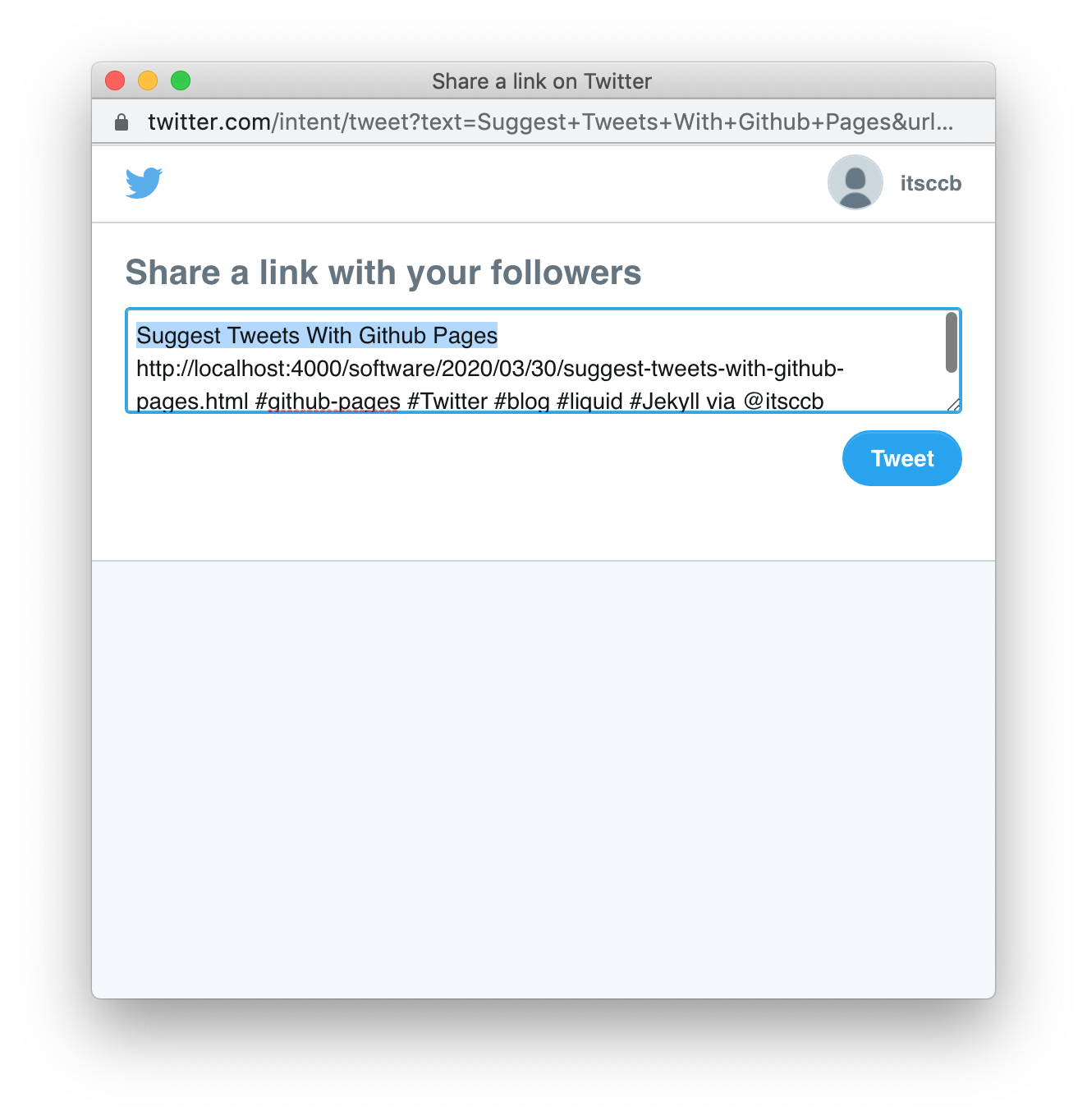 a screen shot of the suggested tweet popup window